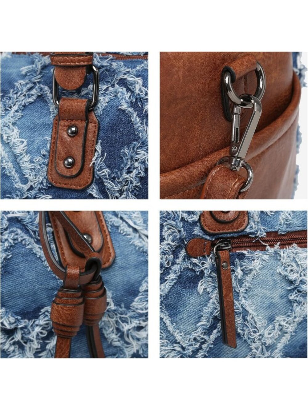 Women's Denim Blue Leather Zipper Top Handle Totes Satchel Hobo Handbags - Picture 6 of 6